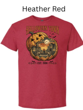 Halloween Town EST 1998 t-shirt heather red burgundy with jack-o-lantern haunted mansion full moon bats warm fall Halloween pumpkin design