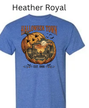 Halloween Town EST 1998 t-shirt heather royal blue with jack-o-lantern haunted mansion inside full moon bats vintage Halloween pumpkin design