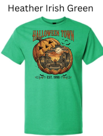 Halloween Town EST 1998 t-shirt heather irish green bright green with carved pumpkin haunted house full moon bats Halloween graphic tee