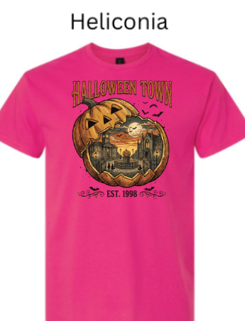 Halloween Town EST 1998 t-shirt heliconia hot pink with jack-o-lantern haunted mansion full moon bats vibrant Halloween vintage pumpkin design