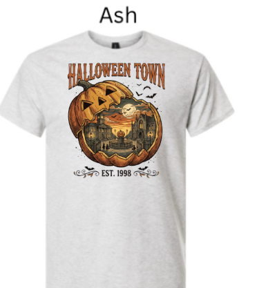 Halloween Town EST 1998 t-shirt ash heather off-white with carved jack-o-lantern haunted mansion inside full moon bats vintage Halloween pumpkin graphic tee