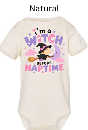 Cream natural colored baby bodysuit back view showing Witch Before Naptime