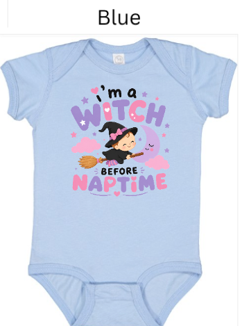 Light blue infant bodysuit with purple and pink Witch Before Naptime graphic and cute witch character for Halloween