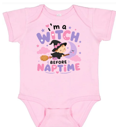 Pastel pink baby creeper with I'm a Witch Before Naptime print, witch illustration, and smiling moon for newborn Halloween outfit