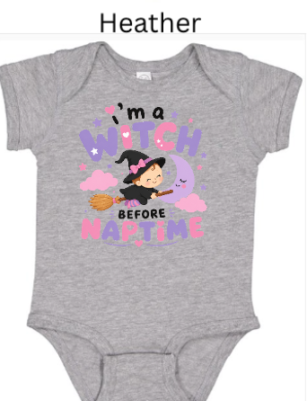 Gray heather baby onesie with colorful Witch Before Naptime design perfect for infant Halloween costume or fall photo