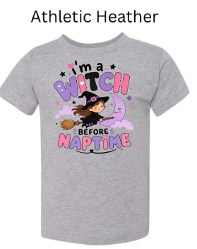 Athletic heather baby onesie with colorful Witch Before Naptime design perfect for toddlers Halloween costume or fall photo
