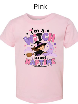 Pastel pink baby creeper with I'm a Witch Before Naptime print, witch illustration, and smiling moon for toddlers Halloween outfit
