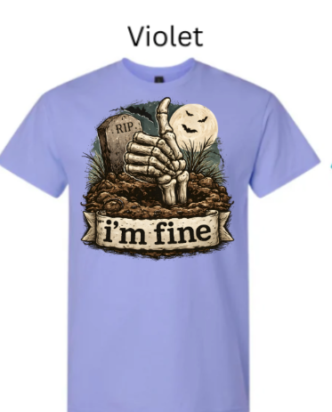 "Violet lavender t-shirt displaying spooky skeleton hand grave graphic, RIP tombstone, crescent moon ghost, 'I'm Fine' phrase banner"