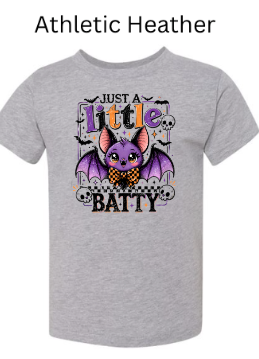 "Athletic grey youth t-shirt with adorable 'Just A Little Batty' purple bat graphic, bowtie detail, skull and bat frame, colorful lettering, kids boys girls Halloween tee"