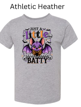 "Athletic grey youth t-shirt with adorable 'Just A Little Batty' purple bat graphic, bowtie detail, skull and bat frame, colorful lettering, kids boys girls Halloween tee"