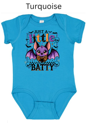 "Turquoise blue infant bodysuit with Just A Little Batty Halloween design, purple bat with bowtie and pink ears, candy corn colors, skull accents, newborn baby Halloween outfit"