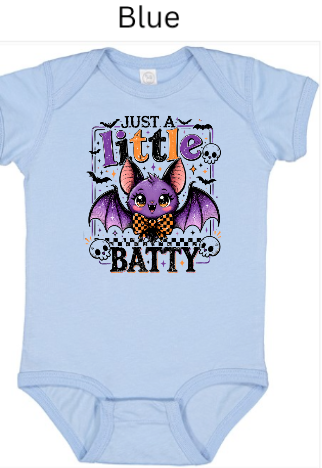 "Powder blue baby onesie featuring purple cuteness Halloween bat, 'Just A Little Batty' text in festive colors, bowtie, decorative skulls and bats, infant unisex Halloween bodysuit"