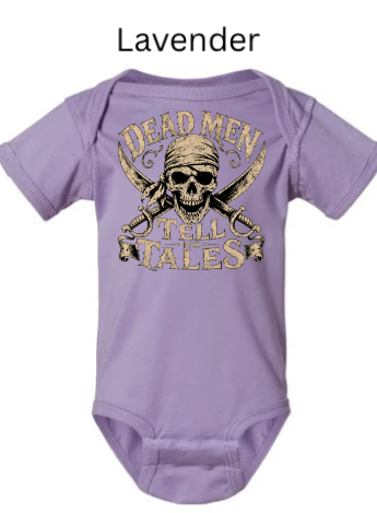 "Lavender purple infant bodysuit with skull pirate graphic, crossed revolvers behind bandana-wearing skeleton, 'Dead Men Tell No Tales' weathered text, baby Halloween tee"