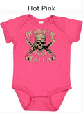 "Hot pink baby bodysuit with pirate skull crossed revolver design, 'Dead Men Tell No Tales' vintage text in tan brown colors, infant Halloween pirate costume"