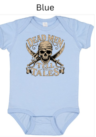 "Light blue baby onesie featuring pirate skeleton skull wearing bandana, dual cross guns, 'Dead Men Tell No Tales' arched vintage phrase, newborn Halloween outfit"