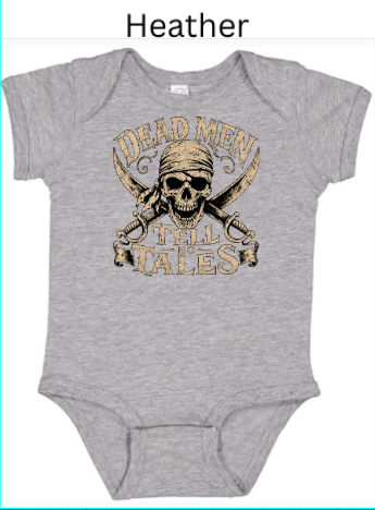 "Heather grey infant onesie featuring vintage skull pirate design, two crossed revolvers behind skull with bandana, 'Dead Men Tell No Tales' text, baby biker Halloween outfit"
