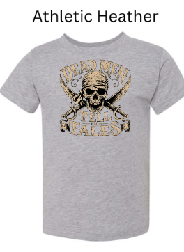 "Athletic heather grey youth t-shirt displaying vintage pirate skull with bandana and crossed pistols, 'Dead Men Tell No Tales' distressed brown lettering, kids Halloween apparel"
