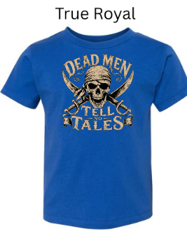 "Royal blue kids t-shirt displaying vintage skull pirate graphic with crossed pistols, 'Dead Men Tell No Tales' phrase in weathered brown letters, youth Halloween tee shirt"