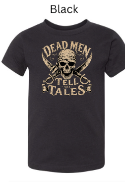 "Black youth t-shirt with distressed pirate skull wearing headband, crossed pistol weapons, 'Dead Men Tell No Tales' vintage brown lettering, teen Halloween apparel"