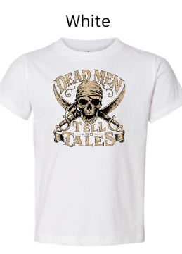 "White kids crew neck t-shirt showing pirate skull and cross guns graphic, 'Dead Men Tell No Tales' arched text, bandana skeleton design, youth Halloween shirt"