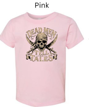 "Light pink youth t-shirt with vintage pirate skull wearing bandana, crossed revolvers, 'Dead Men Tell No Tales' distressed text in brown tan colors, childrens Halloween apparel"