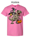 "Pink azalea t-shirt with skeleton witch riding mummy T-Rex holding jack-o'-lantern lanterns and candy basket, Halloween trick-or-treat design, spooky cute dinosaur graphic"