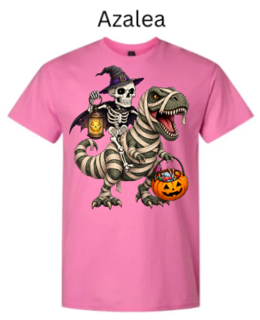 "Pink azalea t-shirt with skeleton witch riding mummy T-Rex holding jack-o'-lantern lanterns and candy basket, Halloween trick-or-treat design, spooky cute dinosaur graphic"