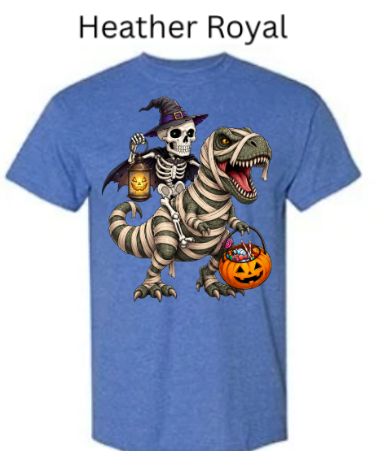 "Royal blue heather t-shirt showing witch skeleton on bandage-covered T-Rex, holding lit jack-o'-lanterns, candy basket, Halloween monster mash design, unisex apparel"