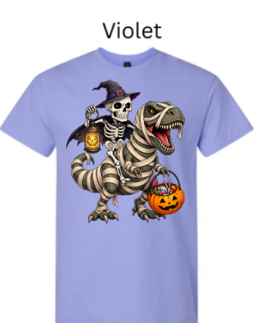 "Lavender violet t-shirt with skeleton witch and mummy T-Rex duo, carrying lanterns and candy, big-eyed wrapped dinosaur, spooky cute Halloween apparel design"