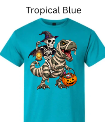 "Tropical blue t-shirt with spooky skeleton witch rider on mummy-wrapped T-Rex, glowing orange pumpkins, Halloween candy collection, dinosaur trick-or-treat graphic tee"