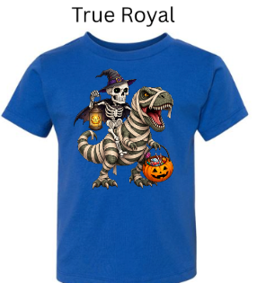 "True Royal blue t-shirt showing witch skeleton on bandage-covered T-Rex, holding lit jack-o'-lanterns, candy basket, Halloween monster mash design, unisex apparel"