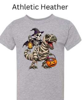 "Athletic heather t-shirt with witch skeleton on bandaged T-Rex, glowing pumpkins, treat-filled basket, mummy dinosaur with green eyes, Halloween graphic apparel"