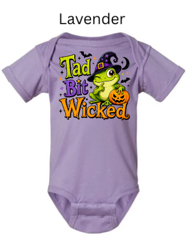 "Lavender colored infant bodysuit with Tad Bit Wicked frog Halloween graphic"