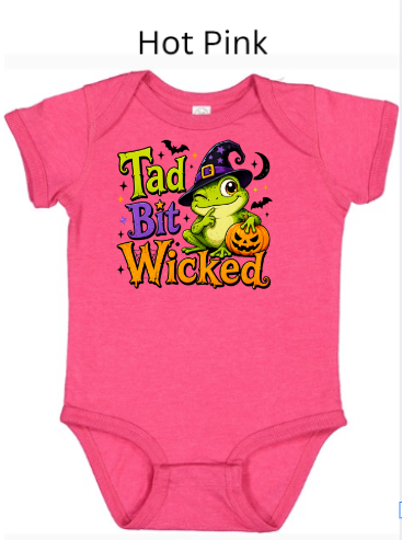 "Hot pink baby onesie with Tad Bit Wicked witch frog Halloween design"