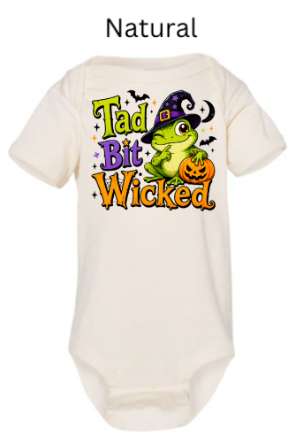 "Natural cream infant bodysuit with colorful Tad Bit Wicked frog Halloween print"
