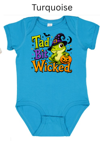 "Turquoise baby bodysuit featuring Tad Bit Wicked frog and pumpkin Halloween art"