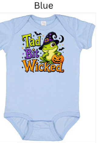 "Baby blue infant onesie with Tad Bit Wicked frog witch Halloween design"