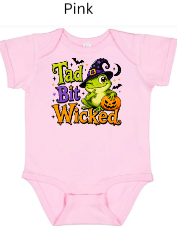 "Pink infant bodysuit with cute Tad Bit Wicked frog witch Halloween graphic for baby"