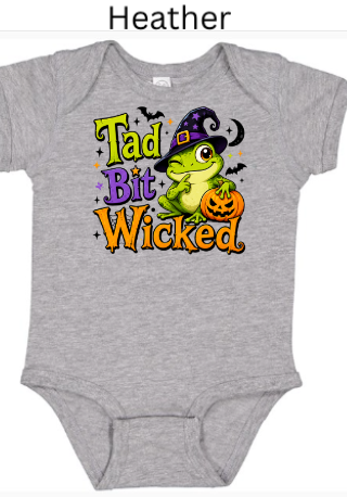 "Heather grey baby onesie with Tad Bit Wicked frog holding jack-o-lantern"
