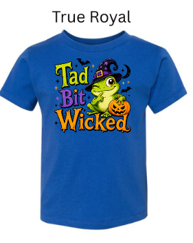 "Royal blue youth Halloween t-shirt with Tad Bit Wicked frog and pumpkin graphic"