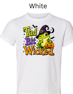"Classic white youth t-shirt with Tad Bit Wicked frog witch Halloween design"