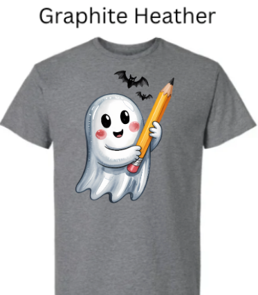 "Graphite heather dark gray Gildan 3000 t-shirt with adorable ghost holding pencil Halloween graphic"