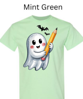 "Mint green Gildan 3000 t-shirt with cute Halloween ghost holding a yellow pencil and two bats flying overhead, DTF printed design"