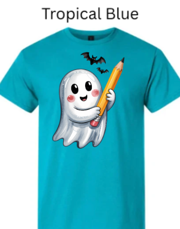 "Tropical blue Gildan 3000 t-shirt featuring adorable ghost with pencil and bats Halloween graphic print"