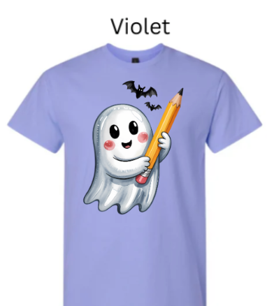 "Violet light purple Gildan 3000 t-shirt featuring adorable ghost holding pencil Halloween print"