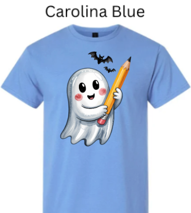 "Carolina blue Gildan 3000 lightweight cotton t-shirt with cute ghost holding pencil Halloween design"
