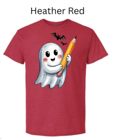 "Heather red Gildan 3000 cotton blend t-shirt with cute ghost holding pencil Halloween design"