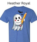 "Heather royal blue Gildan 3000 t-shirt with cartoon ghost and pencil Halloween graphic"