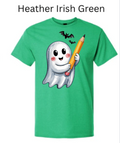 "Heather Irish green Gildan 3000 t-shirt with friendly ghost holding yellow pencil and bats"