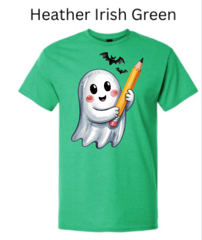"Heather Irish green Gildan 3000 t-shirt with friendly ghost holding yellow pencil and bats"